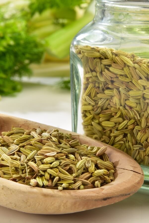 Anise seeds on a wooden spoon and in a glass jar.